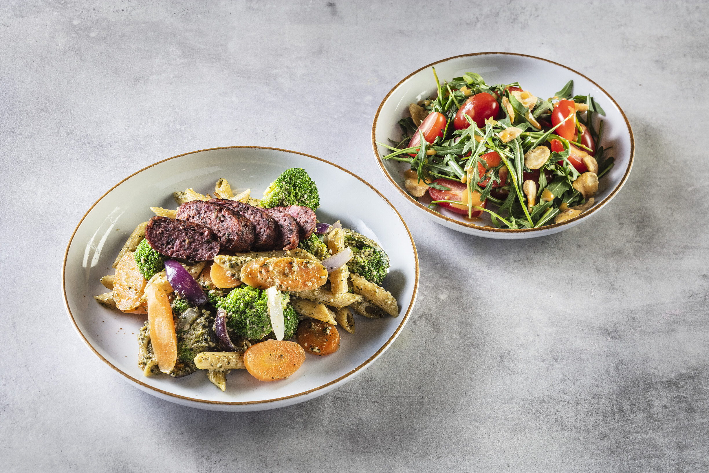 Pasta pesto met paddenstoelenkebab