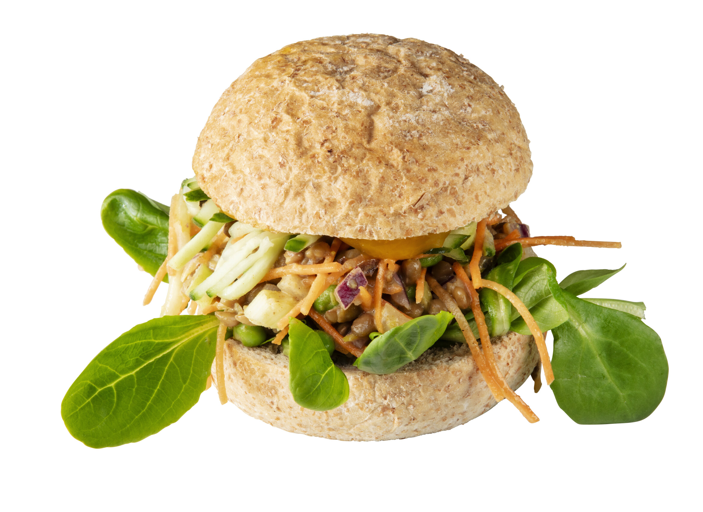 Broodje met linzencurry salade met mango